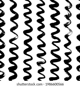 Patrón sin fisuras vectorial de líneas verticales onduladas. Atracciones de pincel ondulado, remolinos, líneas de negrita. Fondo dibujado a mano con pintura negra. Ornamento geométrico para papel de envoltura. Patrón de brochas secas.