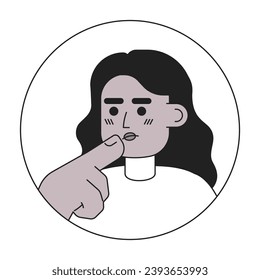 Wavy hair african american female stroking chin black and white 2D vector avatar illustration. Black girl thinking hard outline cartoon character face isolated. Choice making gesture flat portrait