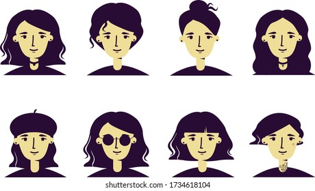 
Wavy hair female hairstyles character set, cute vector icons for avatar, hairdresser advertising, etc.