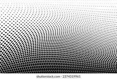 Wavy half tone effect. Abstract background with dots. Optical spotted texture. Halftone dot pattern. Black white banner. Futuristic pop art print. Monochrome vector illustration.