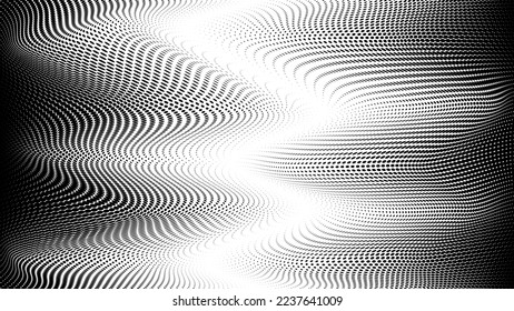 Wavy halftone background with illusion effect. Curved gradient pattern with dots. Vector illustration.