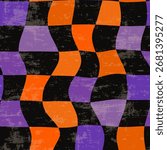 Wavy Halloween seamless vector pattern, Orange, purple and black warped plaid textured background