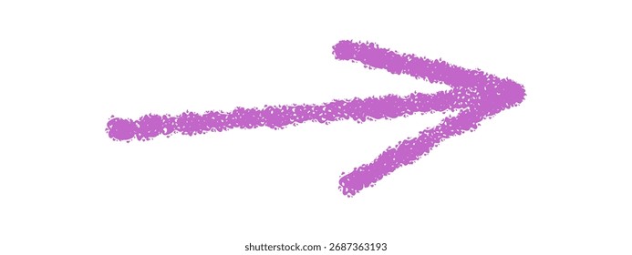 Ícone de seta em giz desenhada à mão ondulada com estilo de traçado áspero. O elemento de seta de esboço curva forma um símbolo claro de ponteiro para a direção. Cor roxo vibrante, aparência moderna de quadro-negro.