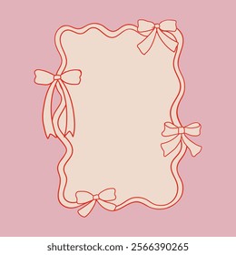Wavy hand drawn frame with bows. Vector illustration in vintage coquette style. Frame template for holiday greeting cards