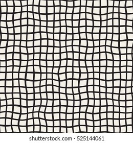 Wavy Hand Drawn Lines Square Grid. Abstract Geometric Background Design. Vector Seamless Black and White Pattern.