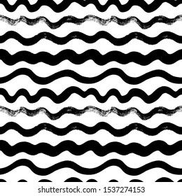 Wavy hand drawn seamless pattern. Dry paint waves doodle drawing. Irregular shapes line art. Monochrome vector brush stroke texture. Scribbles and smears on fabric, wrapping paper, wallpaper design