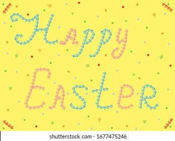 Wavy handwritten text "Happy Easter". Blue, pink, orange circles, spots on a yellow background. Colorful hand-drawn vector poster for Easter greeting, invitations, wishes, banner, card, holiday decor