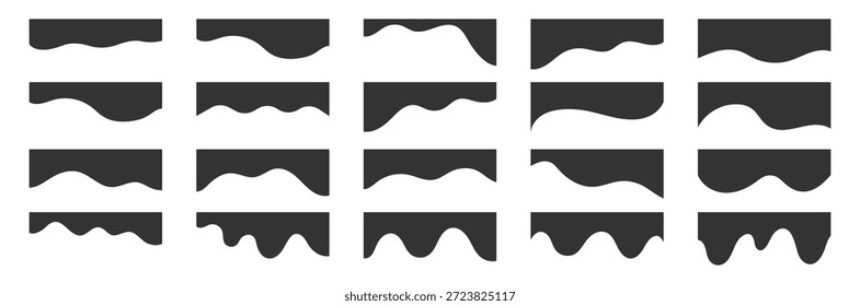Conjunto de cabeceras onduladas con divisores curvos y bordes de silueta para diseños de secciones de interfaz de usuario, Plantillas App y diseño moderno de impresión o embalaje. Una colección mínima de Vector de Formas de ondas negras para etiquetas adhesivas, marcos de carteles e ilustraciones de Clipart aislados.