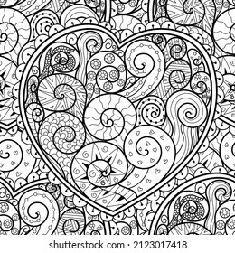 Wavy heart doodle black and white seamless pattern for coloring book. Love mandala outline background. Creative coloring page for adults and kids. Vector illustration