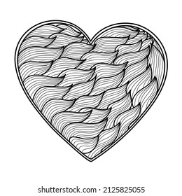 Wavy heart mandala coloring page. Black and white love pattern for antistress coloring book. Valentine’s Day card. Vector illustration