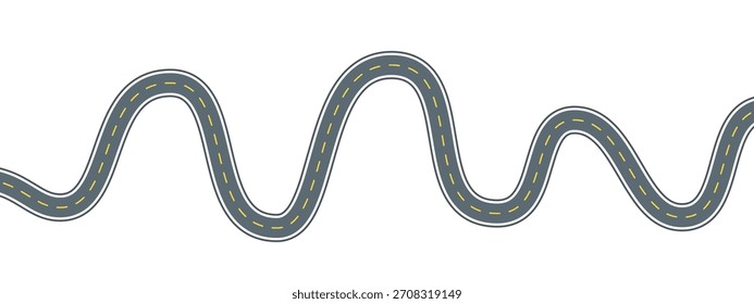 Ilustración de línea plana de carretera ondulada. Pictograma del contorno del Vector de la carretera de asfalto sinuosa Horizontal con marcas amarillas de carril discontinuas, que simbolizan una ruta de viaje y una ruta de viaje sin fisuras.