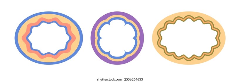 Wavy hippie or funky frames. Vector isolated set of flat oval or circular shapes with copy space. Trendy banners or posters for social media highlights. Collage for album, vivid doodles