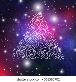 Wavy hipster triangle. Hand-drawn triangle composed from waves and curves on galaxy background. Retro hipster space design template.