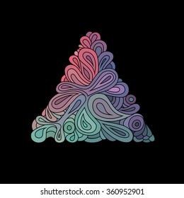 Wavy hipster triangle. Hand-drawn triangle composed from waves and curves on black background. Retro hipster colorful design template.