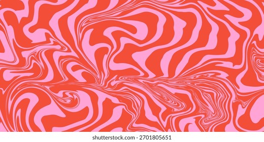 Wavy horizontal background with liquid organic shapes. Trendy vector illustration in style retro 60s, 70s. Red and pink colors
