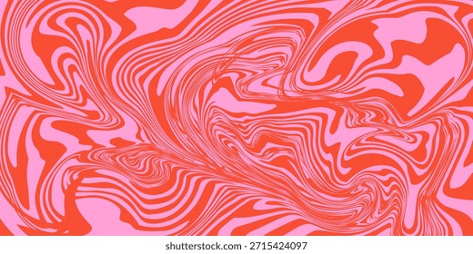 Wavy horizontal background with liquid organic shapes. Trendy vector illustration in style retro 60s, 70s. Red and pink colors
