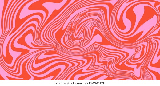 Wavy horizontal background with liquid organic shapes. Trendy vector illustration in style retro 60s, 70s. Red and pink colors