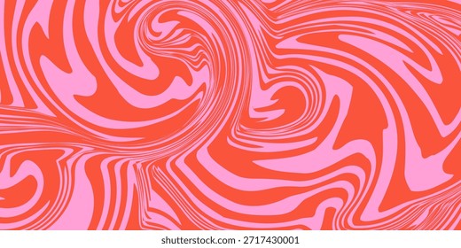Wavy horizontal background with liquid organic shapes. Trendy vector illustration in style retro 60s, 70s. Red and pink colors