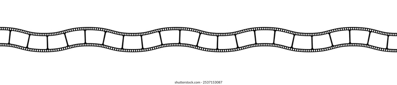 Wavy horizontal film strip template. Curved movie camera tape isolated on white background. Storyboard layout. Vintage frame for creating photographies collage. Vector graphic illustration.