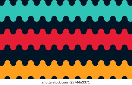 Wavy horizontal stripes in bold colors like red, teal, orange, and navy. The playful and vibrant pattern is perfect for children's book covers, party invitations, or casual wallpapers.  