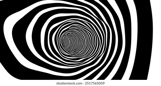 Wavy illusion tunnel of black and white stripes. Flow of optical illusion wave with distortion effect. Vector Illustration.