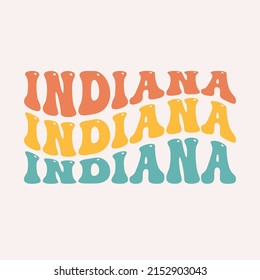 Wavy Indiana, USA Lettering Design. Retro Waves Illustration Vector Design. Hippie Clip art Stacked Text Boho.