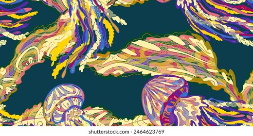 Wavy Jellyfish Colorful Tropical Sea Animals. Vector seamless overlapping pattern.