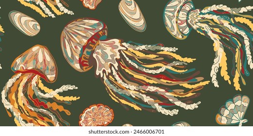 Wavy Jellyfish Colorful Tropical Sea Animals. Vector seamless overlapping pattern.