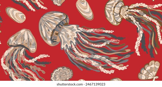 Wavy Jellyfish Colorful Tropical Sea Animals. Vector seamless overlapping pattern.