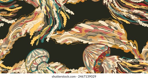 Wavy Jellyfish Colorful Tropical Sea Animals. Vector seamless overlapping pattern.