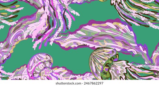 Wavy Jellyfish Colorful Tropical Sea Animals. Vector seamless overlapping pattern.