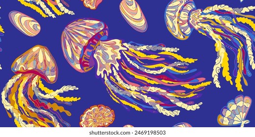 Wavy Jellyfish Colorful Tropical Sea Animals. Vector seamless overlapping pattern.