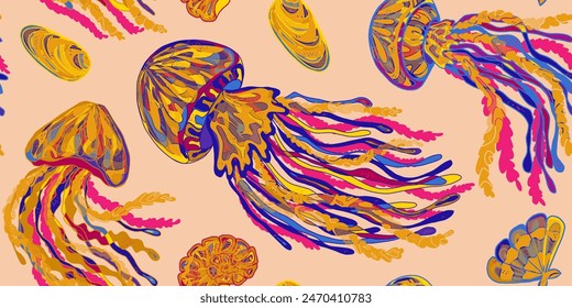 Wavy Jellyfish Colorful Tropical Sea Animals. Vector seamless overlapping pattern.