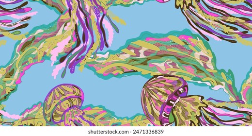 Wavy Jellyfish Colorful Tropical Sea Animals. Vector seamless overlapping pattern.