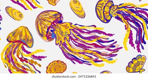 Wavy Jellyfish Colorful Tropical Sea Animals. Vector seamless overlapping pattern.