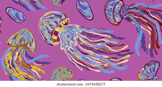 Wavy Jellyfish Colorful Tropical Sea Animals. Vector seamless overlapping pattern.