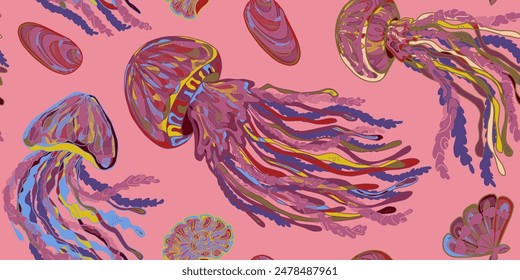 Wavy Jellyfish Colorful Tropical Sea Animals. Vector seamless overlapping pattern.