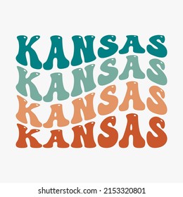 Wavy Kansas, USA Lettering Design. Retro Waves Illustration Vector Design. Hippie Clip art Stacked Text Boho.