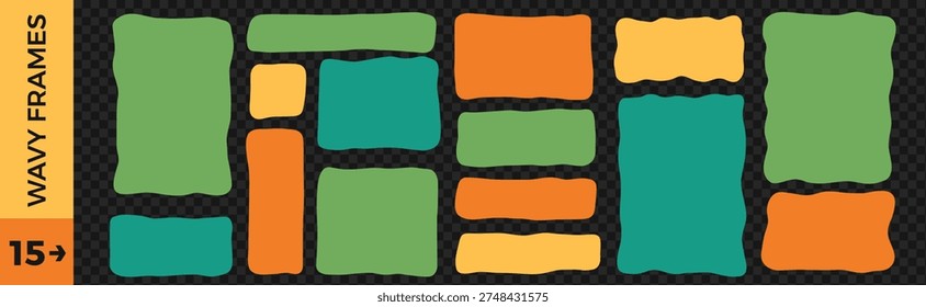 Wavy kids rectangle shape frame with organic irregular edge. Colorful handmade doodle block. Vector curvy square border on background as transparent png. Wave organic rectangular promo badge isolated.