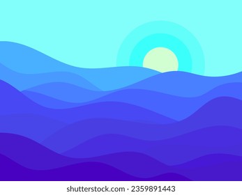 Wavy landscape in blue shades with the sun on the horizon. Wavy landscape in a minimalist style. View into the distance of the hills at dawn. Design for print, poster and banner. Vector illustration