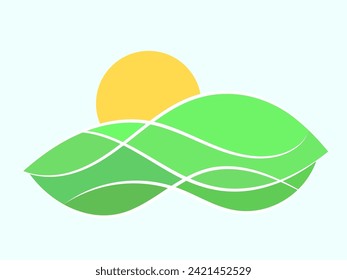Wavy landscape with green hills and the sun. Dawn with green meadows in a minimalist style. Dawn over green fields. Design for posters, prints and banners. Vector illustration