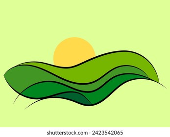 Wavy landscape with green hills and the sun. Dawn with green meadows in a minimalist style. Dawn over green fields. Design for posters, prints and banners. Vector illustration