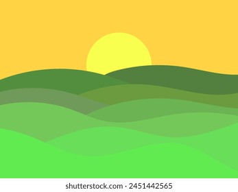 Wavy landscape with green hills and the sun on the horizon. Dawn with green meadows in a minimalist style. Design for posters, prints and banners. Vector illustration