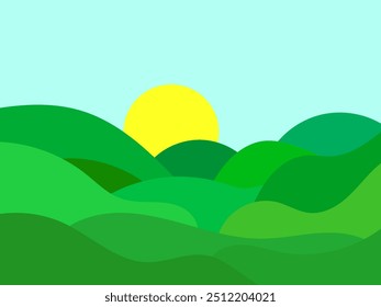 Wavy landscape with green hills and the sun on the horizon. Dawn with green meadows in a minimalist style. Design for posters, prints and banners. Vector illustration