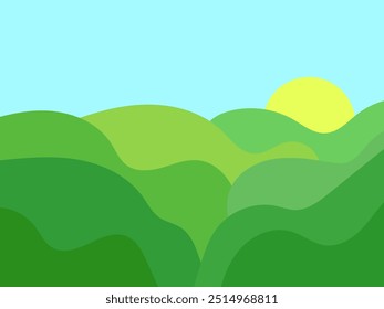 Wavy landscape with green hills and the sun on the horizon. Dawn with green meadows in a minimalist style. Design for posters, prints and banners. Vector illustration
