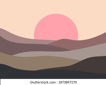 Wavy landscape in a minimalistic style. Sunset landscape with hills. Red sun. Boho decor for prints, posters and interior design. Mid Century modern decor. Trend style. Vector illustration