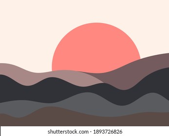 Wavy landscape in a minimalistic style. Sunset landscape with hills. Red sun. Boho decor for prints, posters and interior design. Mid Century modern decor. Trend style. Vector illustration