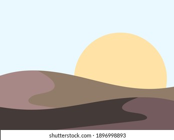 Wavy landscape in a minimalistic style. Sunset landscape with hills. Yellow sun flat design. Boho decor for prints, posters and interior design. Mid Century modern decor. Vector illustration