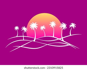Weiche Landschaft mit Palmen und Farbverlauf-Sonne. Tropische Sommerlandschaft im Kunststil. Design für den Druck von T-Shirt und Banner. Vektorgrafik