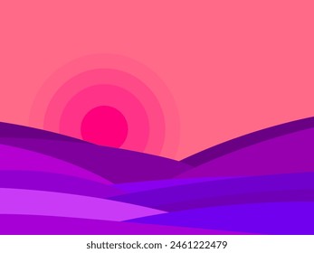 Wavy landscape at sunset in minimalist boho style. Desert wavy landscape with dunes and sun. View of the hills. Design for printing banners, posters, book covers. Vector illustration